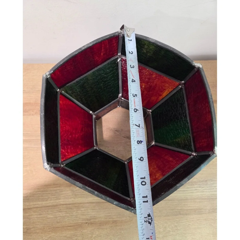 Vintage 60s 70s Midcentury Stained Glass Hanging Bar Lamp Shade Red Green 12''